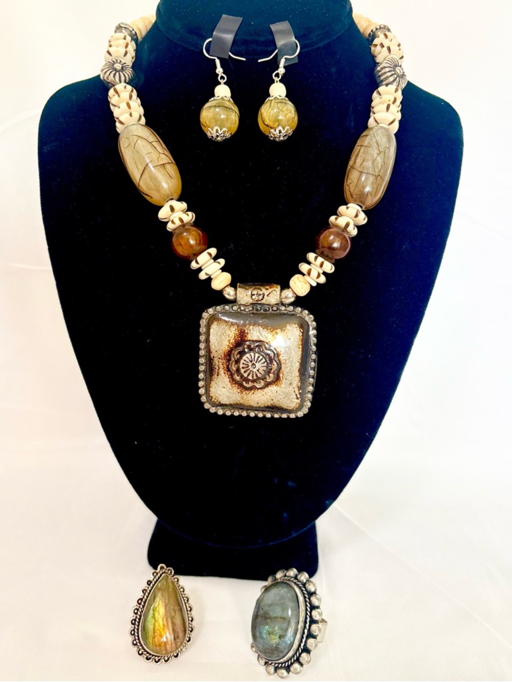 Handmade Statement Necklace with Ring & Matching Earrings